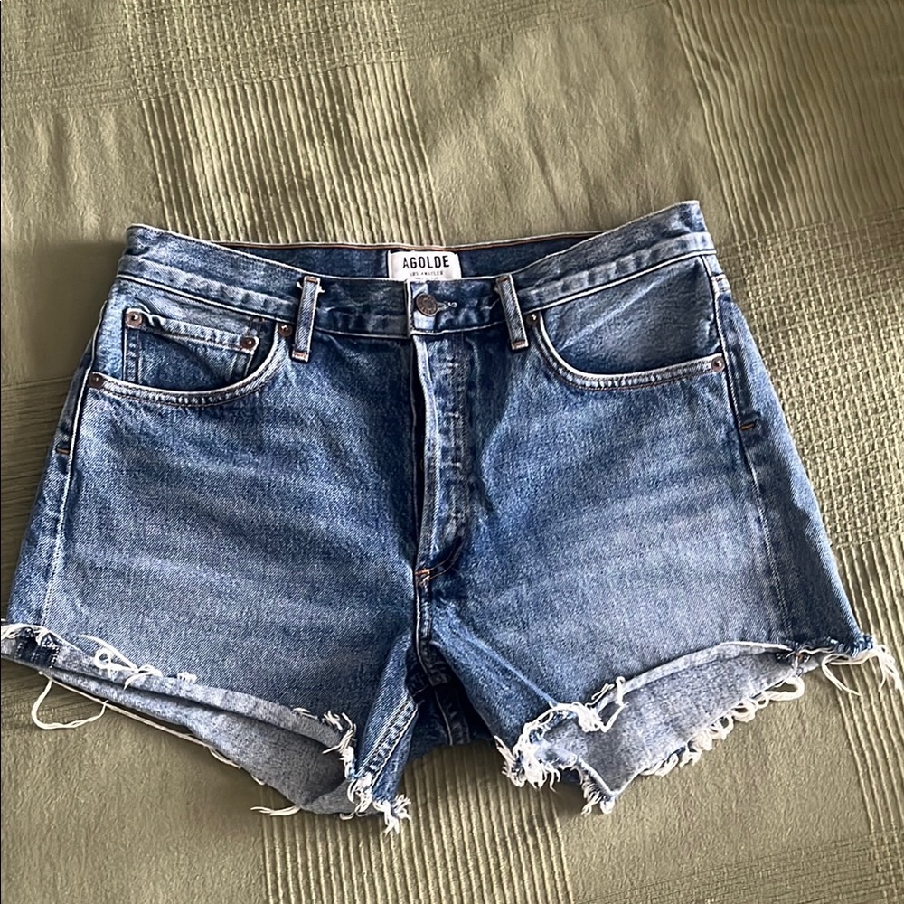 Agolde Blue Jean Shorts with Distressed Hem